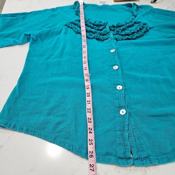 Oh My Gauze Teal Button-Down Top With Ruffle Detail 3/4 Sleeves Size 2 Large XL - Picture 7 of 8